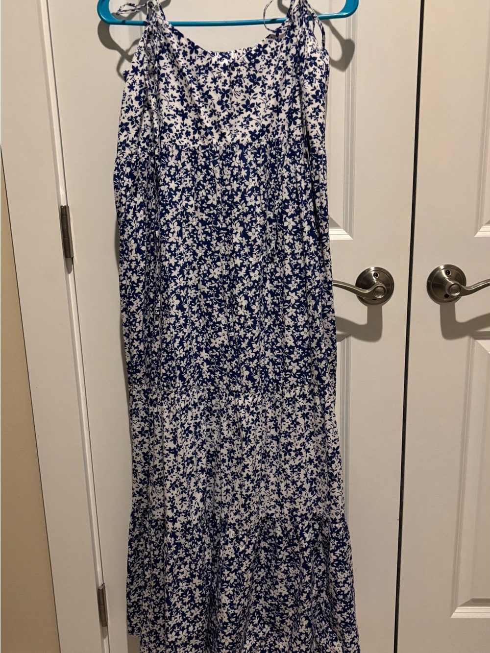 Hatch White Maxi Dress with Blue Floral Print and Tie Straps